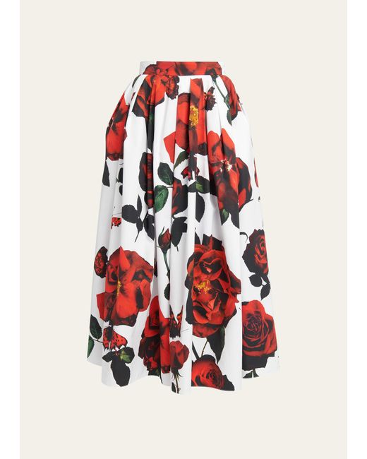 Alexander McQueen Red Rose-print Pleated Midi Skirt