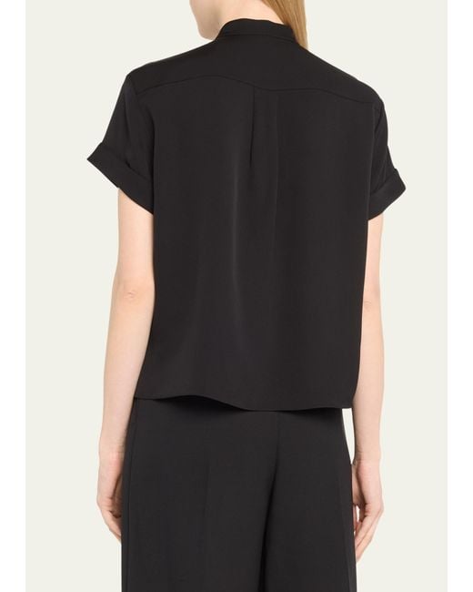 Theory Black Silk Button-front Short-sleeve Military Top