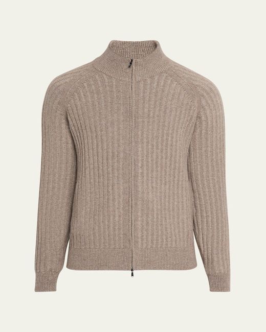 FIORONI CASHMERE Gray Wool And Cashmere Rib Full-Zip Sweater for men