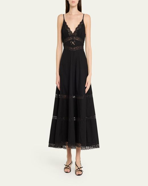 LoveShackFancy Black Catryn Lace-Trim Midi Dress
