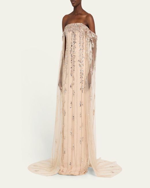 Pamella Roland White Crystal Tulle Strapless Gown With Detachable Cape