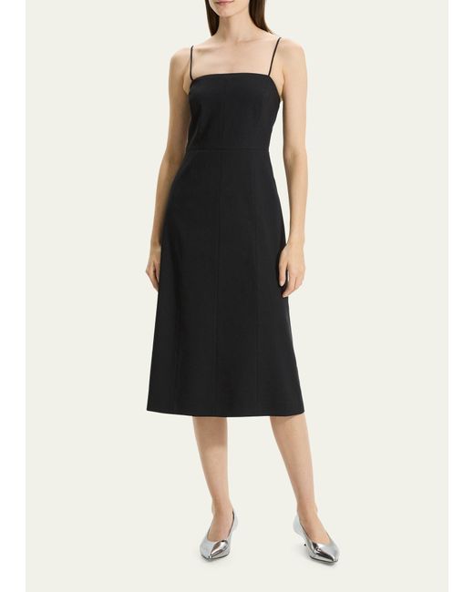 Theory Black Strappy A-line Linen-blend Midi Dress