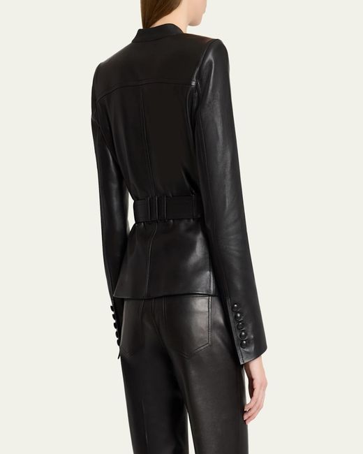 Balmain Black Belted Leather Fitted Jacket