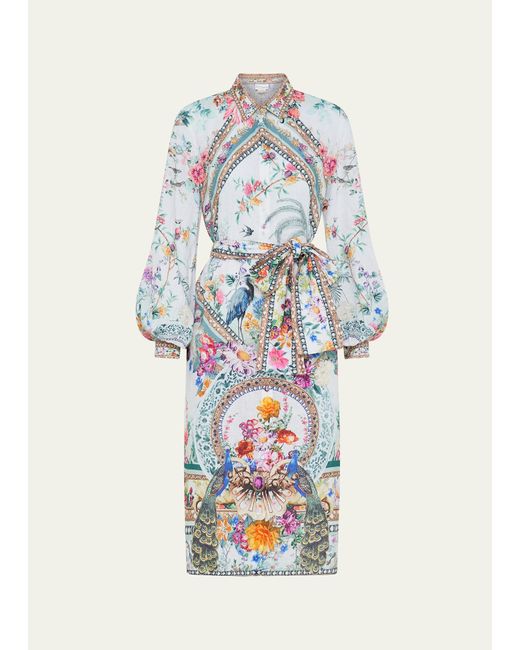 Camilla White Floral Linen Belted High-low Midi Shirt Dress