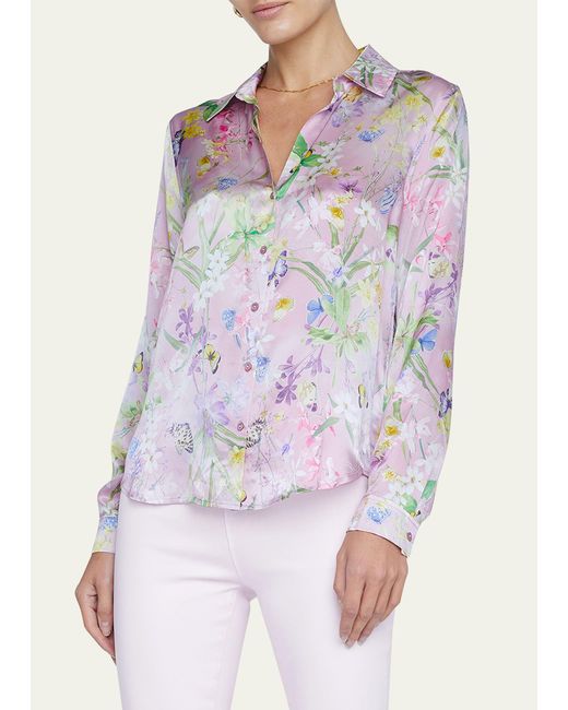 L'Agence Pink Tyler Floral Butterfly Silk Blouse