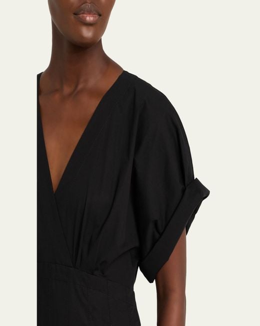 Proenza Schouler Black Ciara Short-Sleeve Poplin Drop-Waist Midi Dress