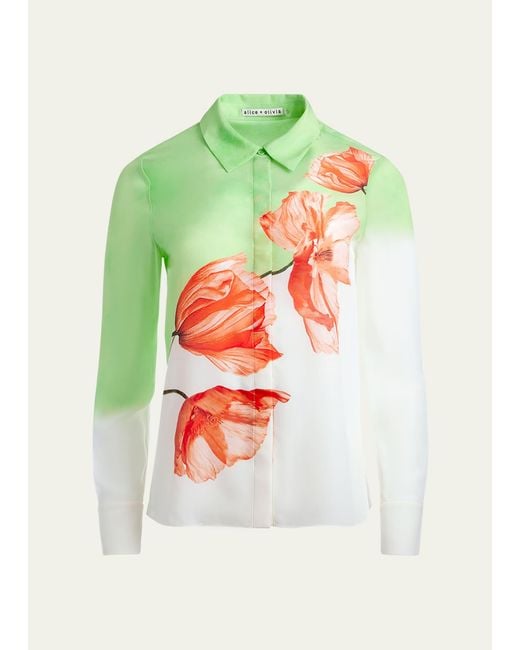 Alice + Olivia White Brady Two-tone Floral Oversized Button-front Silk Blouse