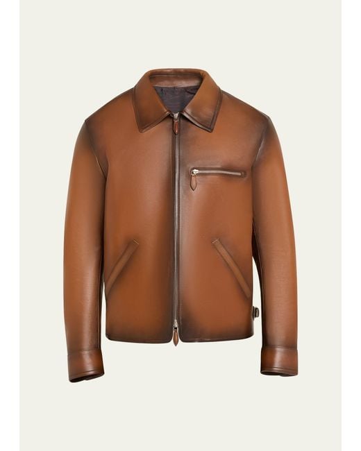 Berluti Brown Jour Patina Leather Full-zip Blouson Jacket for men