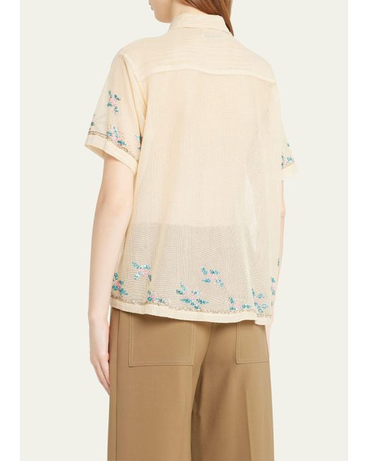 Bode Natural Sequined Floral Net Boxy Shirt