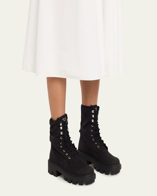 Prada Black Canvas Ankle Combat Boots