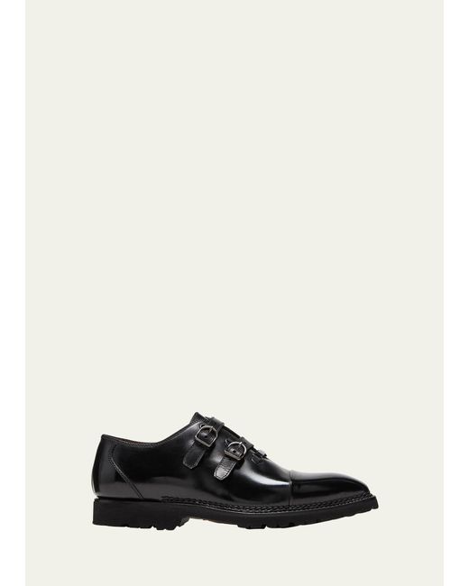 Bontoni Black Amante Leather Double-monk Strap Loafers for men