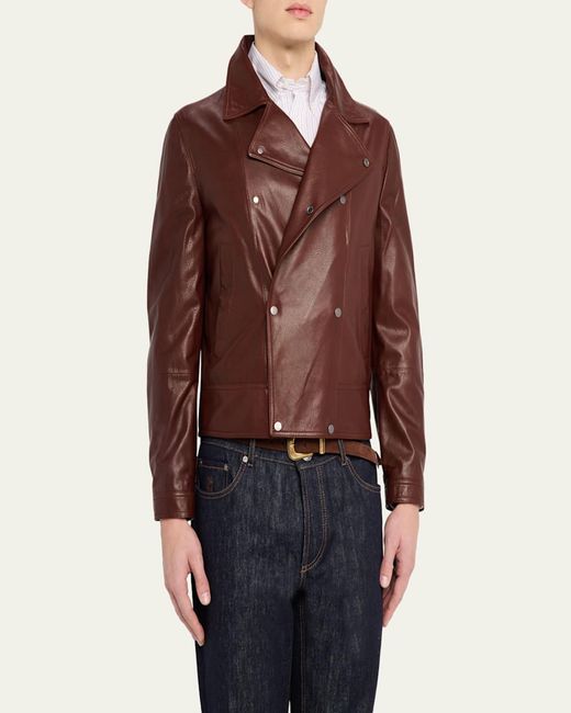 Brunello Cucinelli Brown Double-Breasted Grained Leather Jacket for men