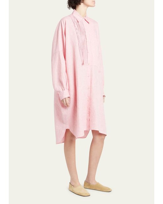 Loro Piana Pink Linen Button-front Shirtdress With Pleated Bib
