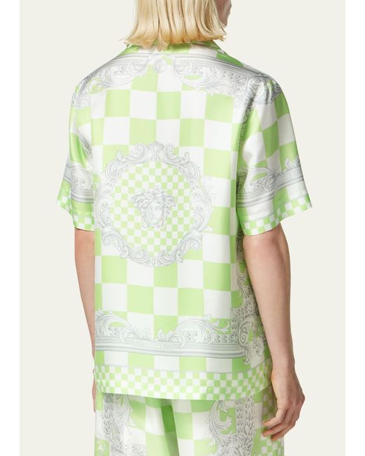 Versace Green Checkered Medusa Silk Camp Shirt for men