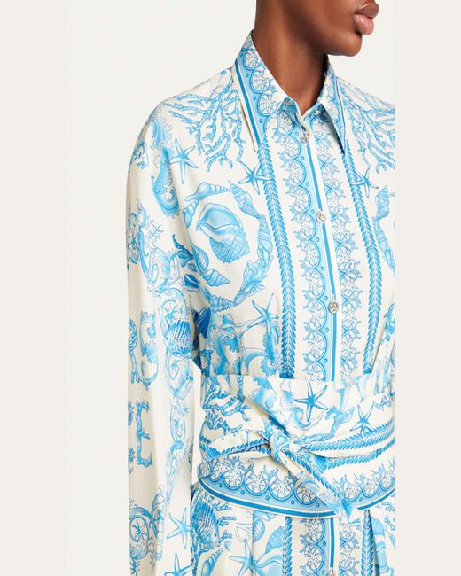 Versace Blue Pleated Baroque Scarf-Print Mini Shirtdress
