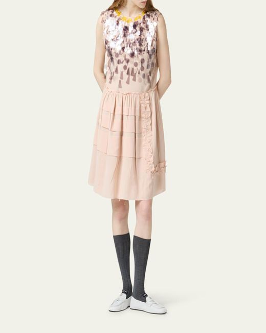 Miu Miu Pink Sequined Tiered Ruffle Sleeveless Dress