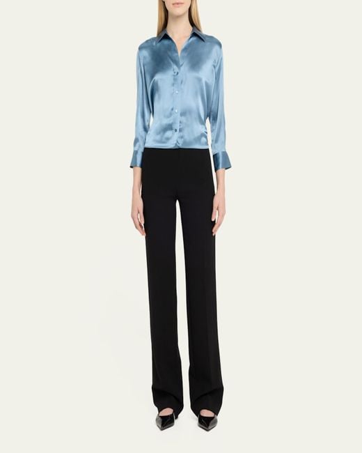 L'Agence Blue Dani Silk Satin 3/4-Sleeve Button-Down Blouse
