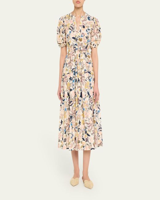 Ulla Johnson Natural Adriana Puff-Sleeve V-Neck Midi Dress