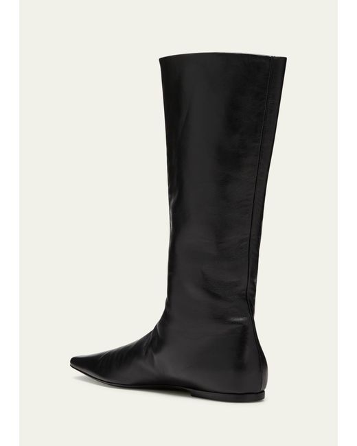The Row Black Bette Leather Flat Mid Boots