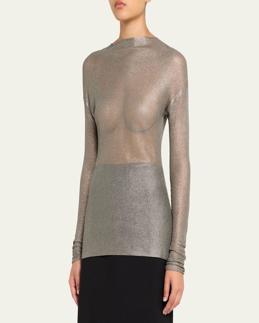 Giorgio Armani Gray Laminated Mesh Long-Sleeve Top