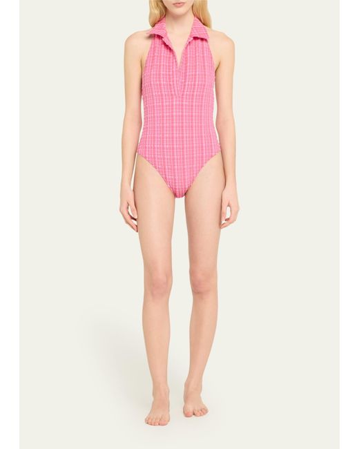 Lisa Marie Fernandez Pink Striped Seersucker Polo One-piece Swimsuit