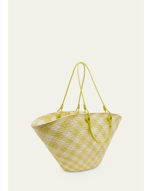 Loewe Metallic Large Anagram Basket Tote Bag In Checkered Iraca Palm