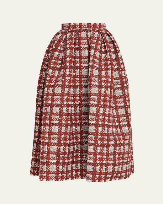 Oscar de la Renta Textured Plaid-Print Pleated Midi Circle Skirt