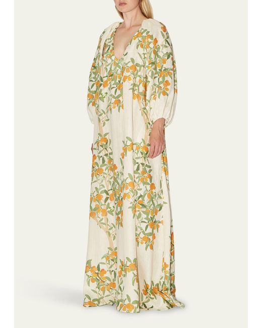 BERNADETTE Metallic Floral Print Balloon-sleeve Maxi Linen Gown