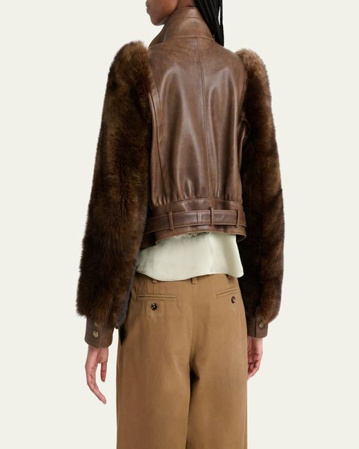 Chloé Brown Faux Fur Sleeves Leather Bomber Jacket
