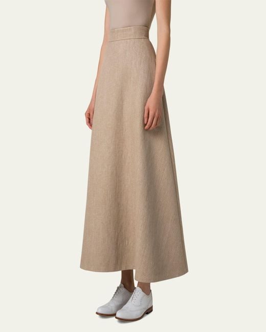 Akris Natural Flared Raffia Leather Trim Midi Skirt