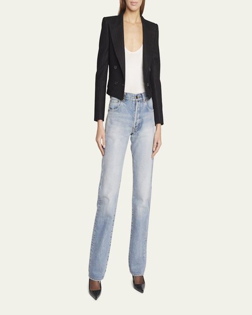 Saint Laurent Black Spencer Pinstripe Cropped Wool Jacket