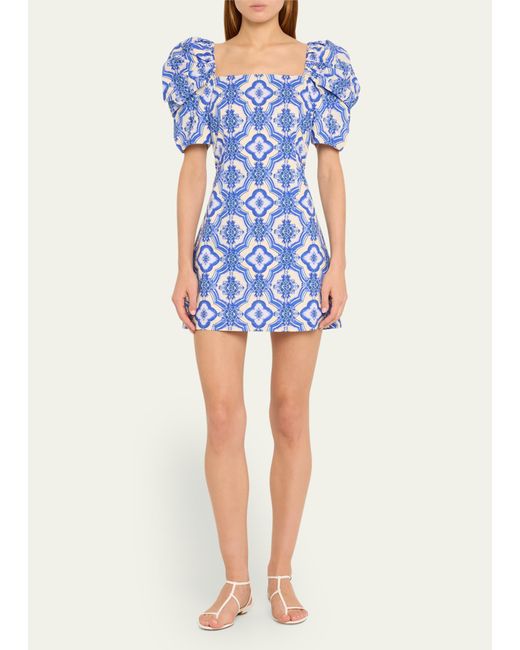 Cara Cara Kelly Blue Tile Print Puff-sleeve Dress