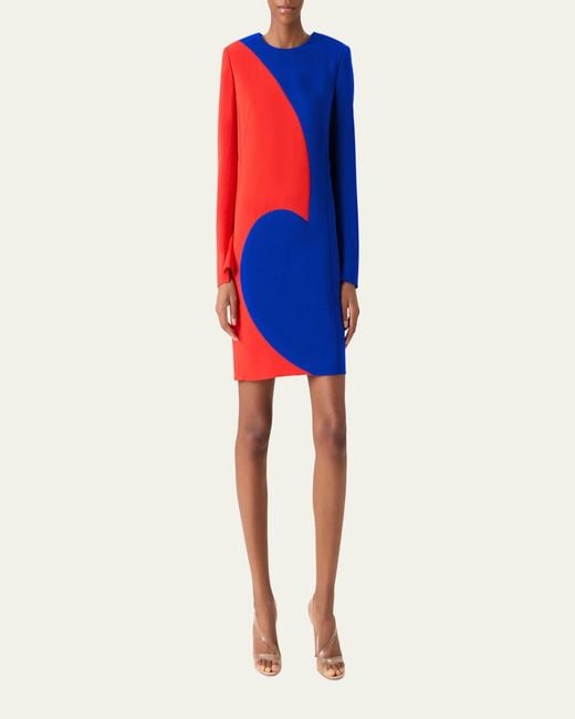 Akris Blue Vortex Patchwork Wool Long-Sleeve Mini Dress