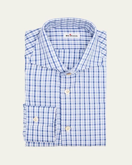 Kiton Blue Cotton Multi-Check Spread Collar Dress Shirt for men