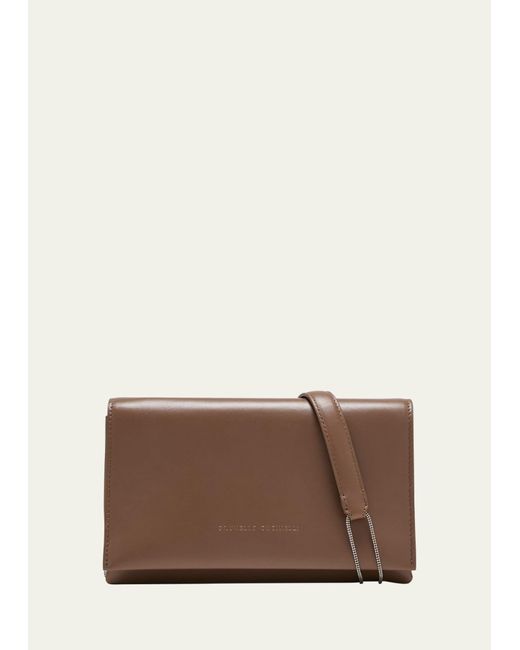 Brunello Cucinelli Brown Flap Leather Chain Monili Shoulder Bag