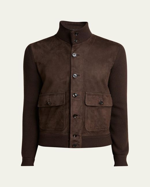 Tom Ford Brown Suede Front And Ribbed Merino Wool Jacket for men