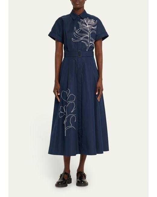 Lafayette 148 New York Blue Floral-embroidered Cotton Midi Shirtdress