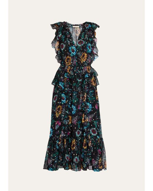 Ulla Johnson Blue Adrienne Sleeveless Tiered Ruffle Printed Midi Dress