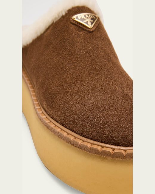 Prada Natural Suede Shearling Cozy Platform Mules