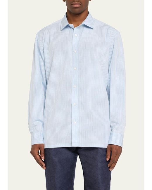 Charvet Blue Cotton Mini Check Sport Shirt for men