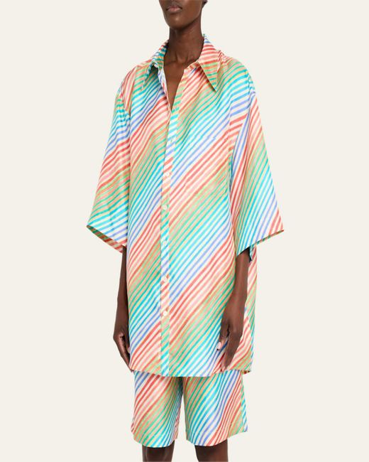 Christopher John Rogers White Crayon Stripe Jumbo Short Sleeve Silk Shirt