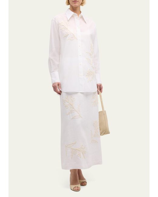 Lafayette 148 New York White Oversized Embroidered Cotton Voile Shirt