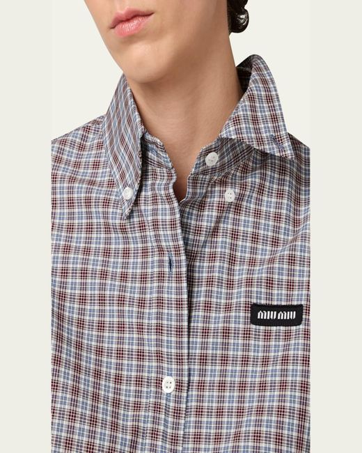 Miu Miu Purple Check Long-Sleeve Button-Down Shirt
