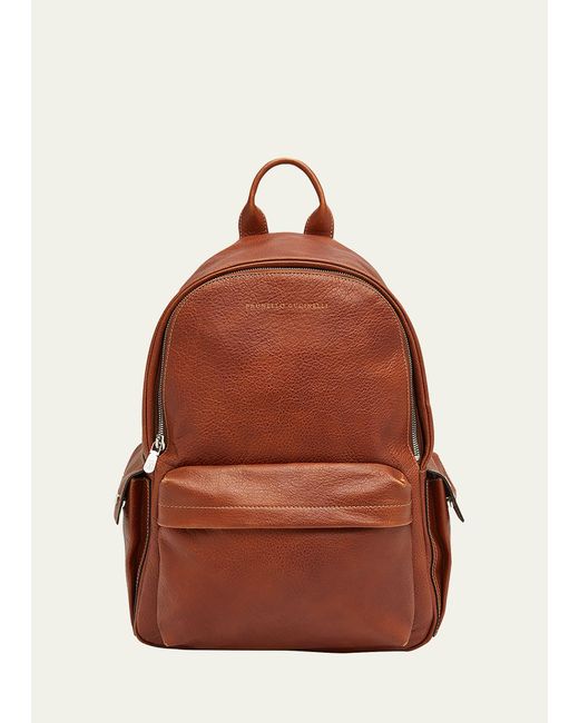 Brunello Cucinelli Red Grained Leather Backpack for men