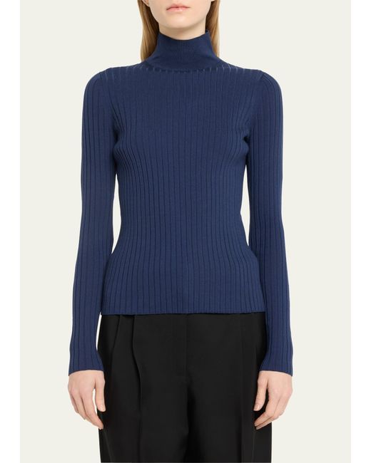 Lafayette 148 New York Blue Ribbed Stand-collar Sweater