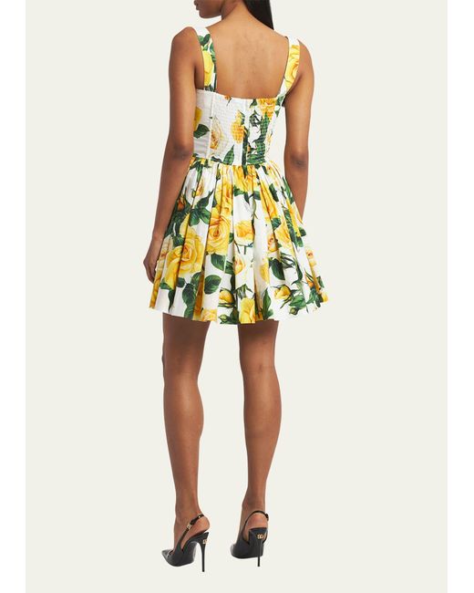 Dolce & Gabbana Yellow Rose Floral Print Mini Dress With Corsetry Construction