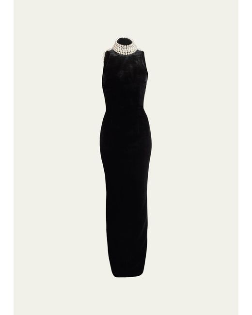 Balmain Black Velvet Halter Gown With Pearlescent Detail