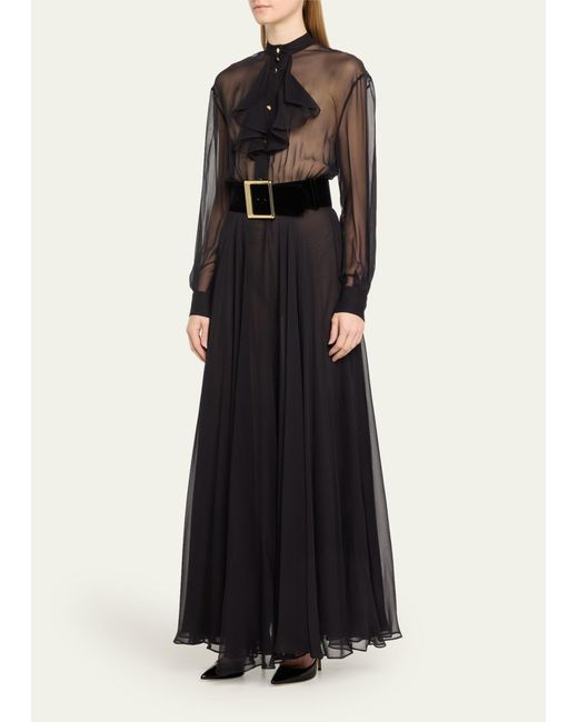Sergio Hudson Black Sheer Belted Maxi Dress With Ruffle Top