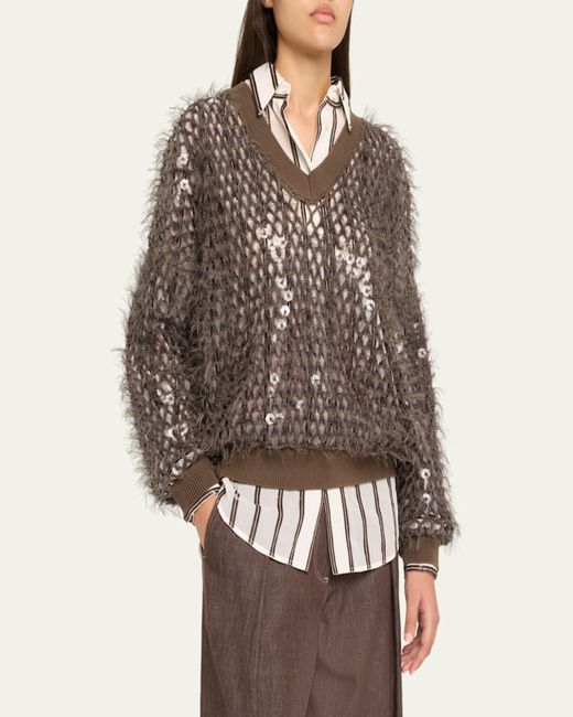 Brunello Cucinelli Brown Fringe Mosaic Yarn Net Embroidered V-Neck Sweater