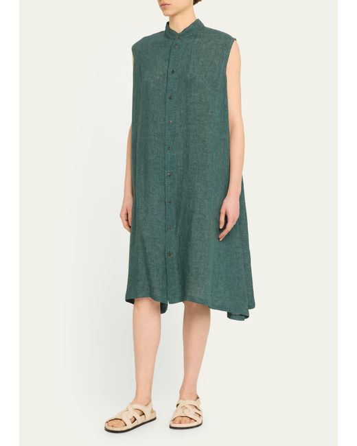 Eskandar Green A-line Collarless Sleeveless Shirt Dress